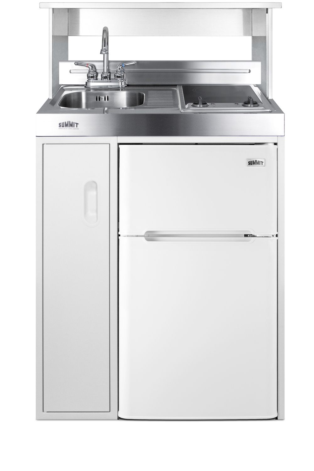 30 inch wide all-in-one kitchenette with 2-burner smooth-top 115V cooktop, refrigerator-freezer, sink, and storage cabinet